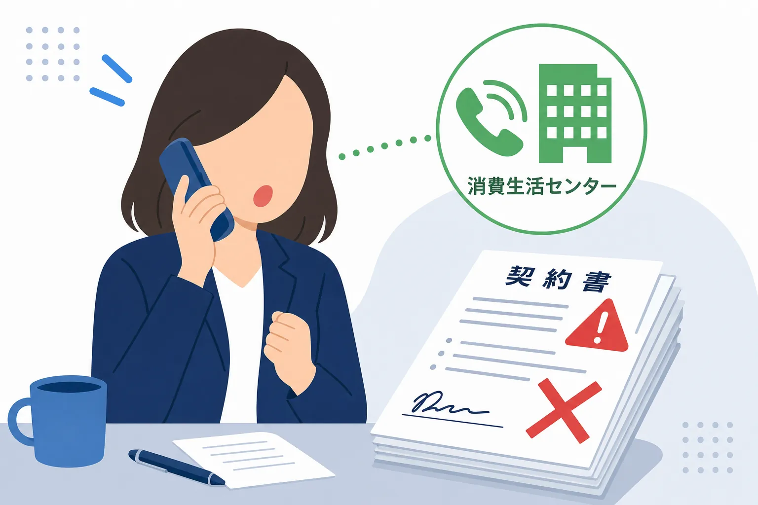 電話で消費生活センターに相談する女性と、そばに置かれた契約書類