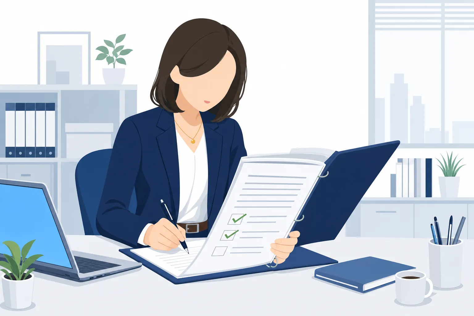 会社のデスクで就業規則のページを開いて確かめる会社員