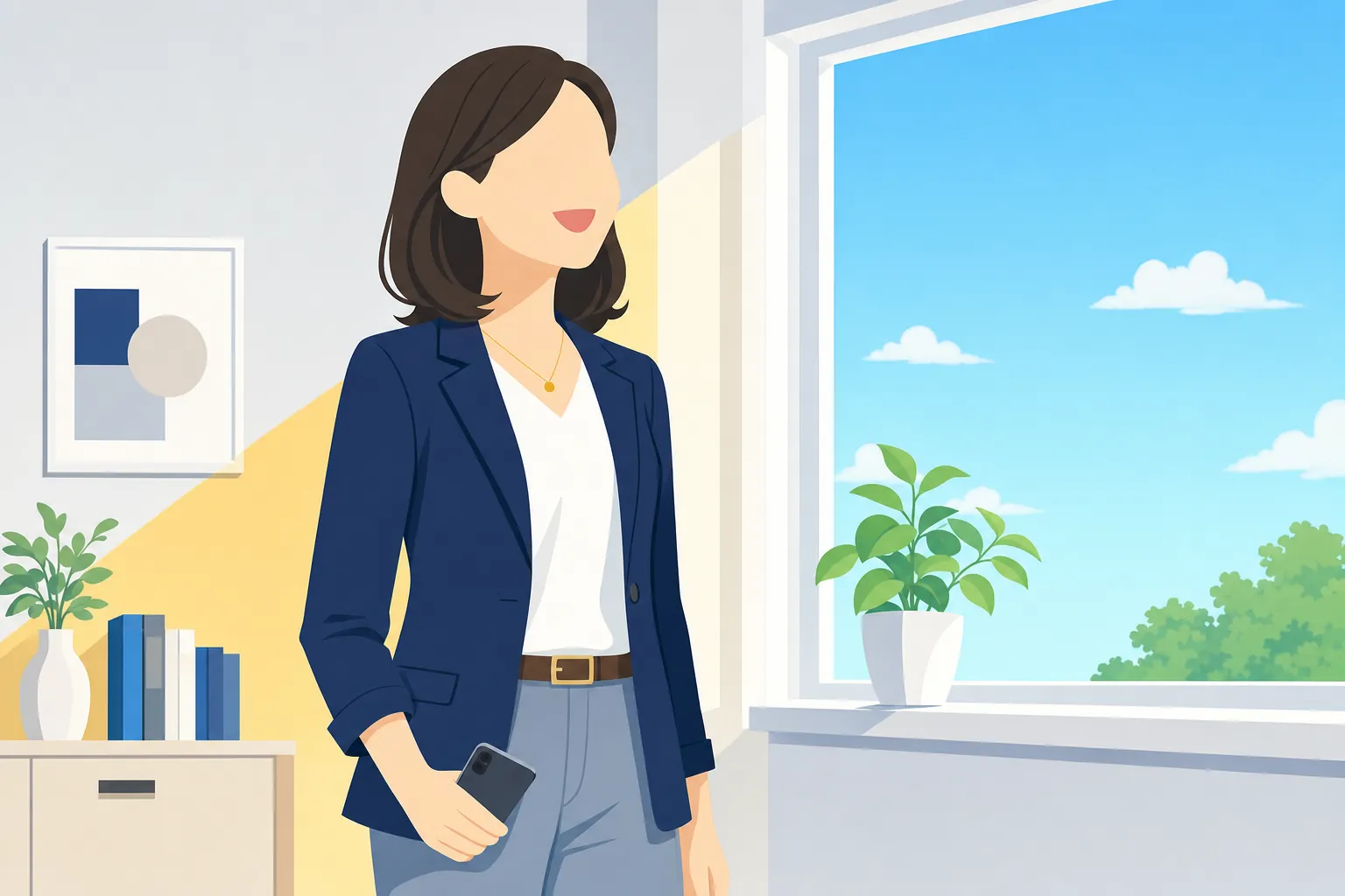 スマホを手に、晴れやかな表情で窓の外を見る女性