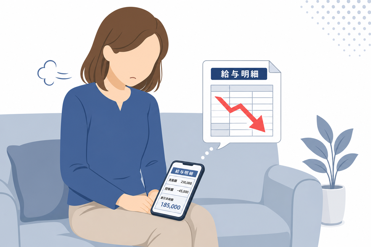 給料明細を見てため息をつく、スマホを膝に置いてうつむく女性の手元