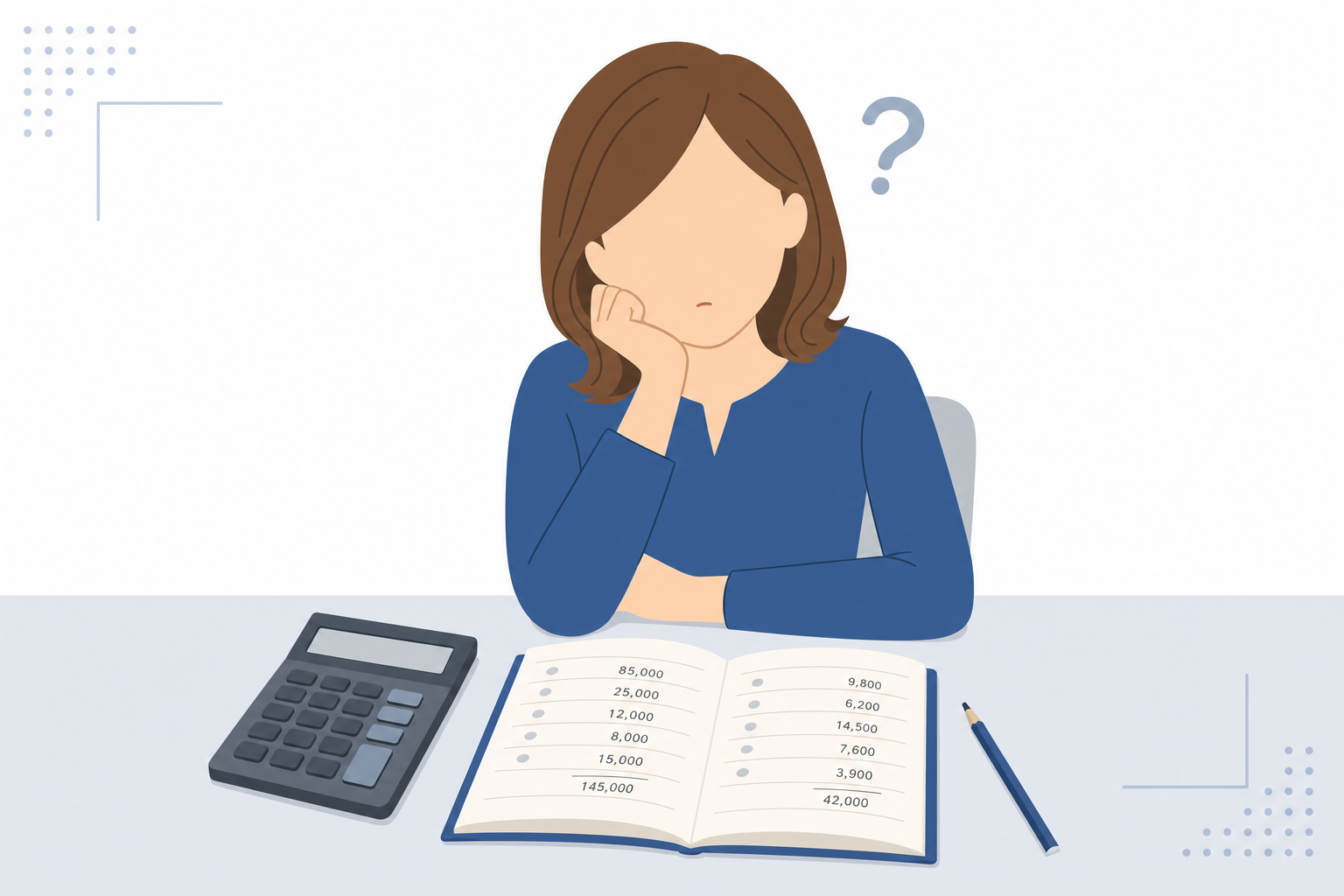 電卓を前に家計簿を開いて考え込む女性のイメージ