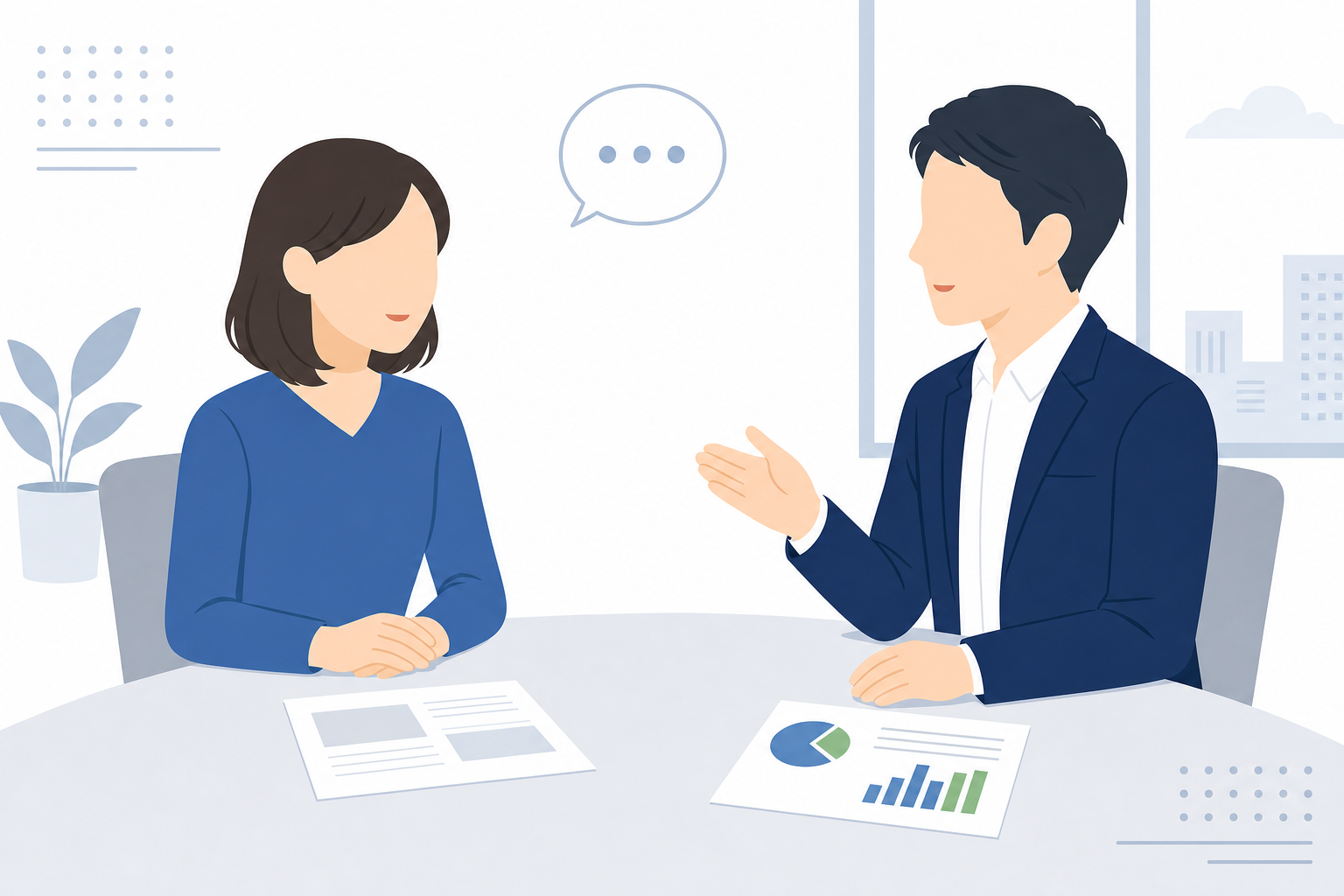 上司と落ち着いた雰囲気でテーブルを挟んで話す女性のシーン