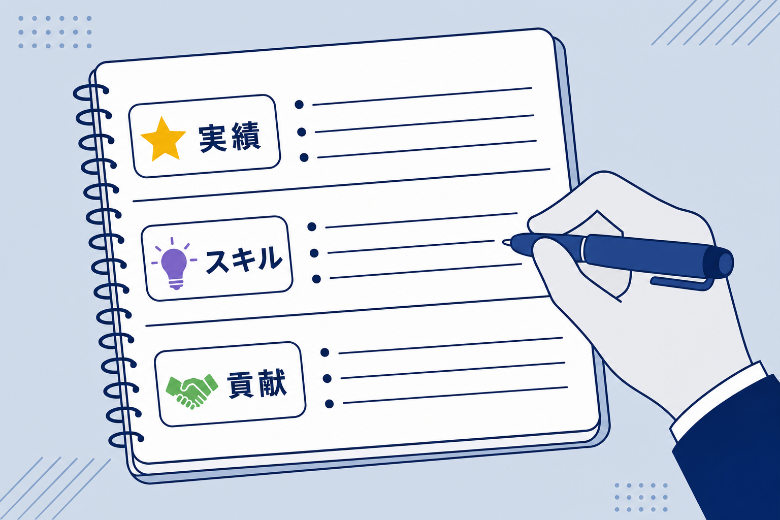 メモ帳に実績・スキル・貢献を書き出している手元のイメージ