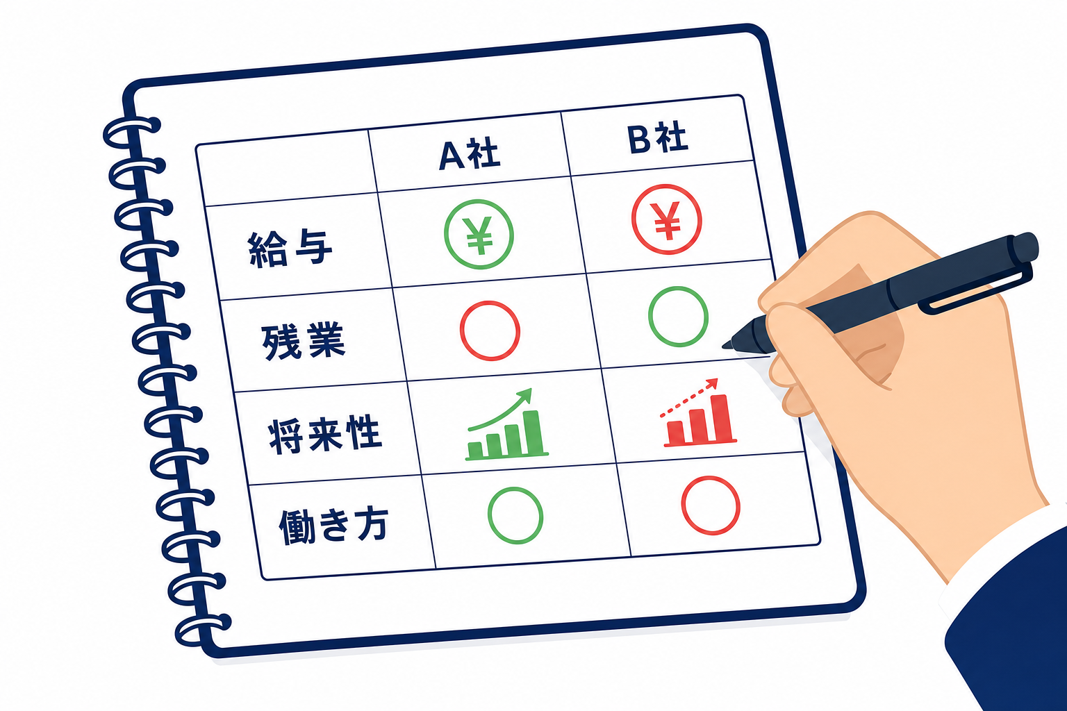 紙に「給与」「残業」「将来性」などの軸を書いて転職先を比較している手元のシーン
