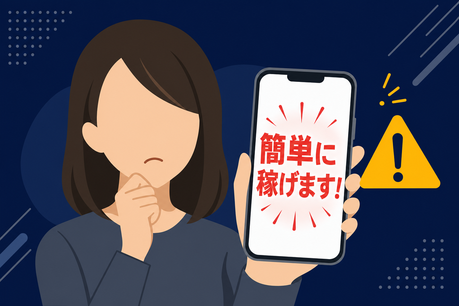 暗いトーンで「稼げます」「簡単」という文字が画面に映るスマホを眺める不安そうな表情