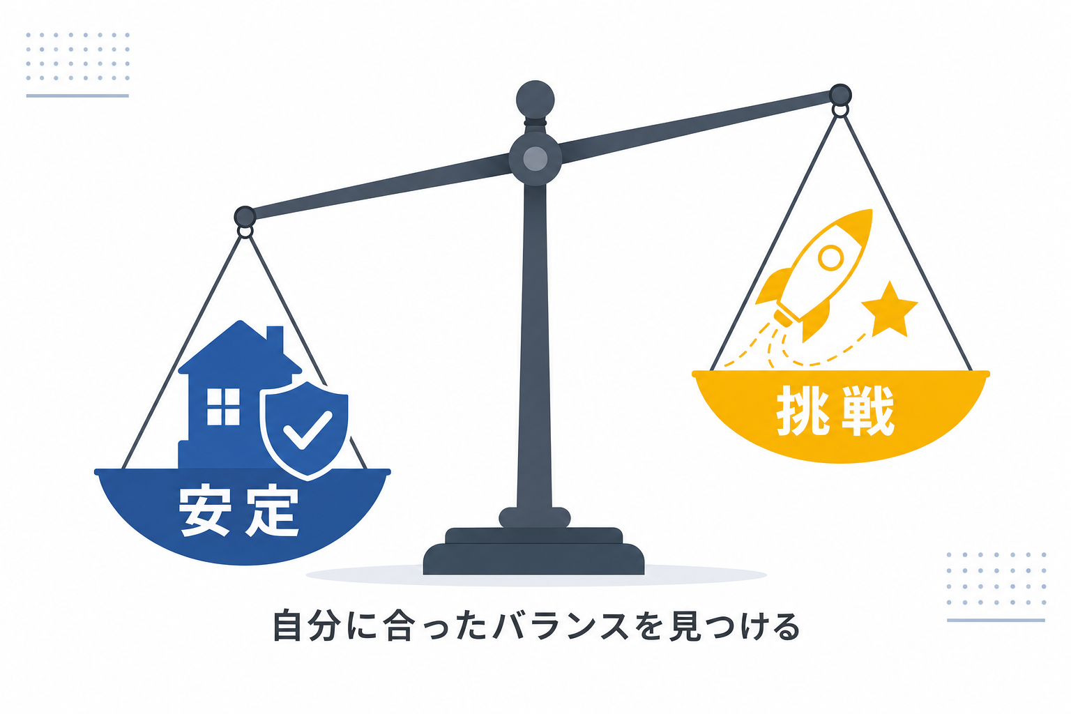 天秤の一方に「安定」もう一方に「挑戦」が乗っているシンプルなイメージ