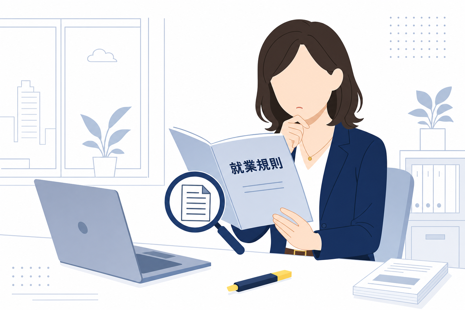 就業規則を確認しながら考え込む女性のシーン