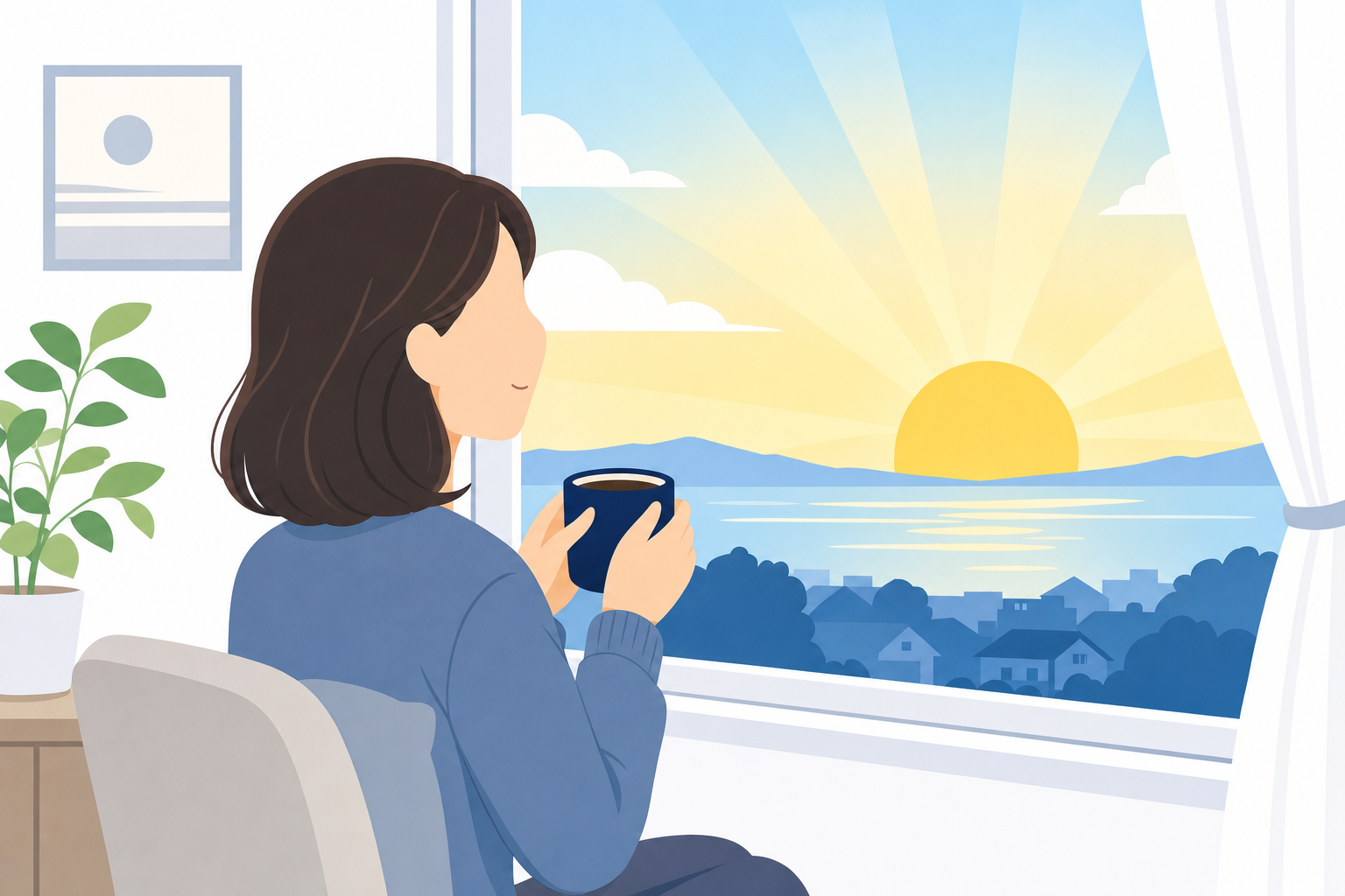 明るい朝日の中、コーヒーを持ちながら窓の外を見ている落ち着いた女性のシーン