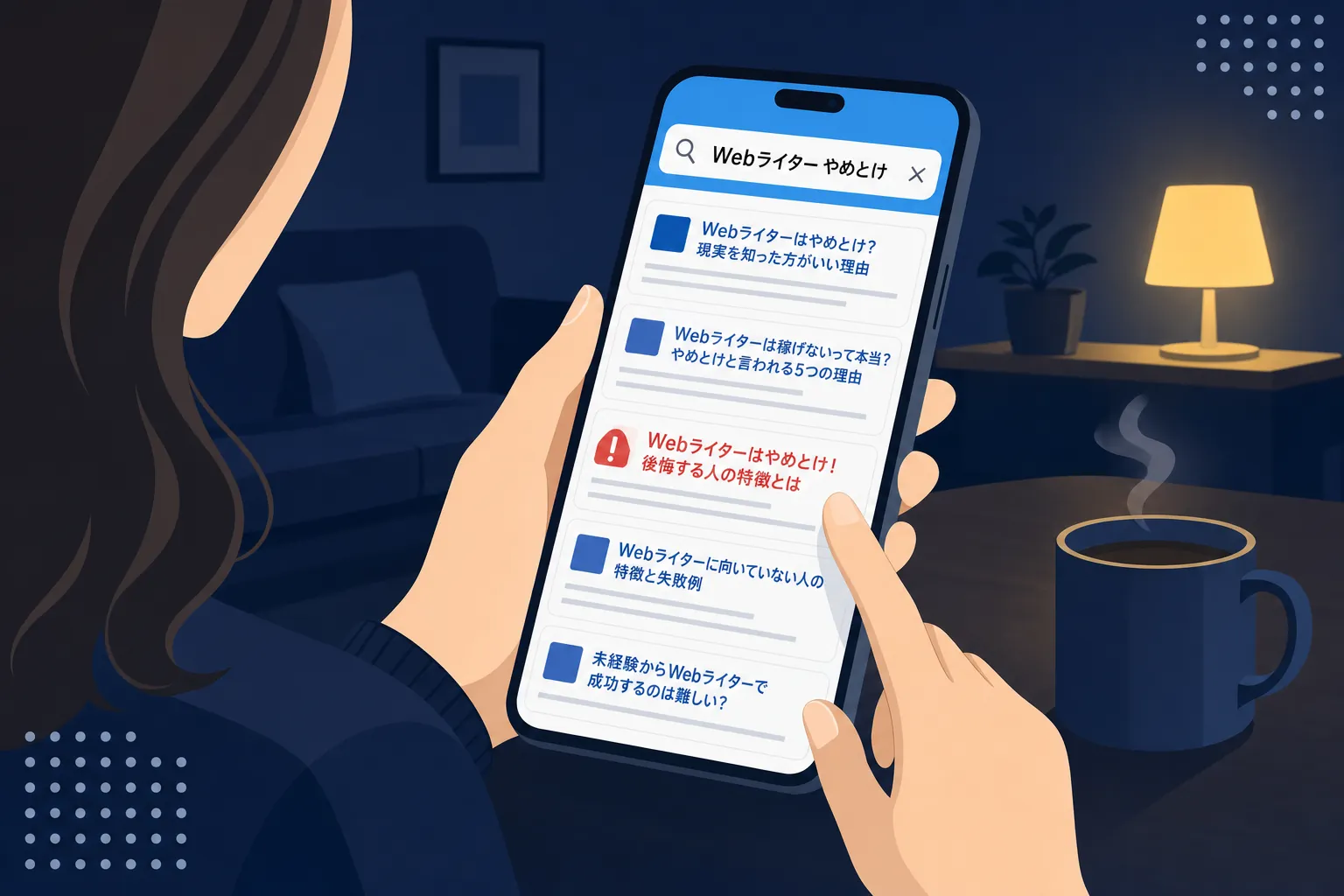 夜のリビングでスマホに「Webライター やめとけ」と表示され、考え込む女性の手元