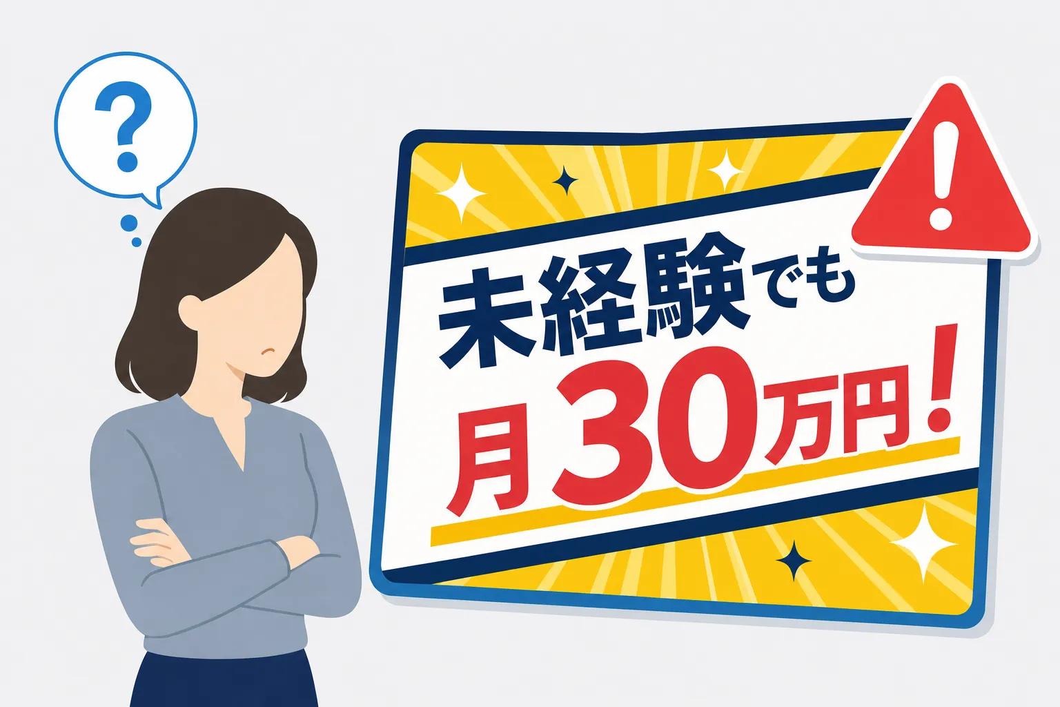 「未経験でも月30万円」と書かれた派手な広告に、警戒した表情を向ける女性