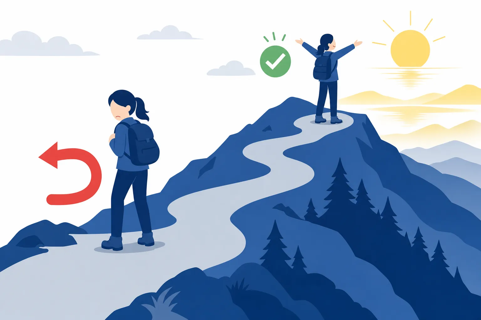 同じ山道で、途中で引き返す人と、少し先まで登って景色を見ている人の対比