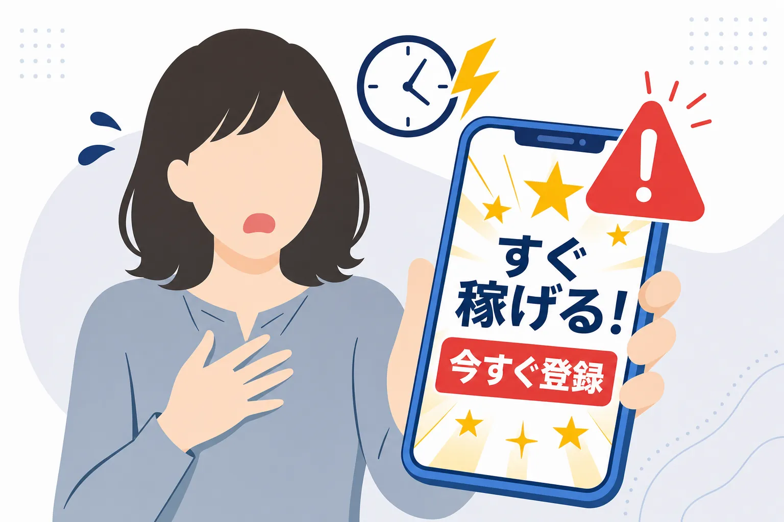 スマホの「すぐ稼げる」広告を見つめ、焦った表情の女性