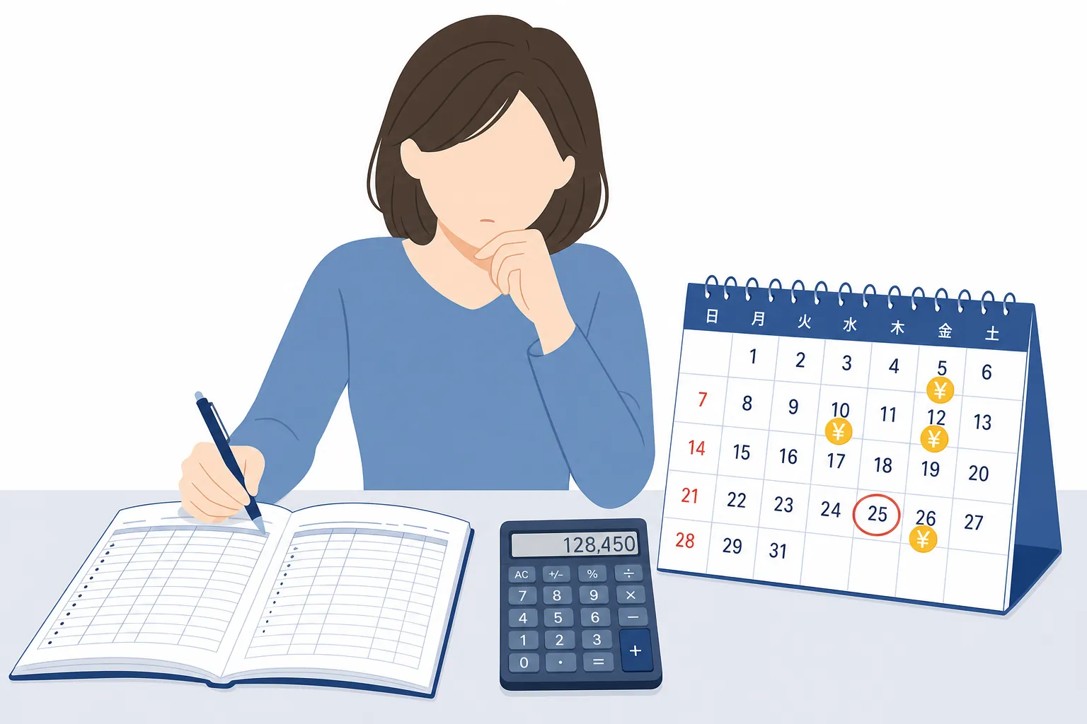家計簿とカレンダーを前に、今月必要なお金を計算している女性