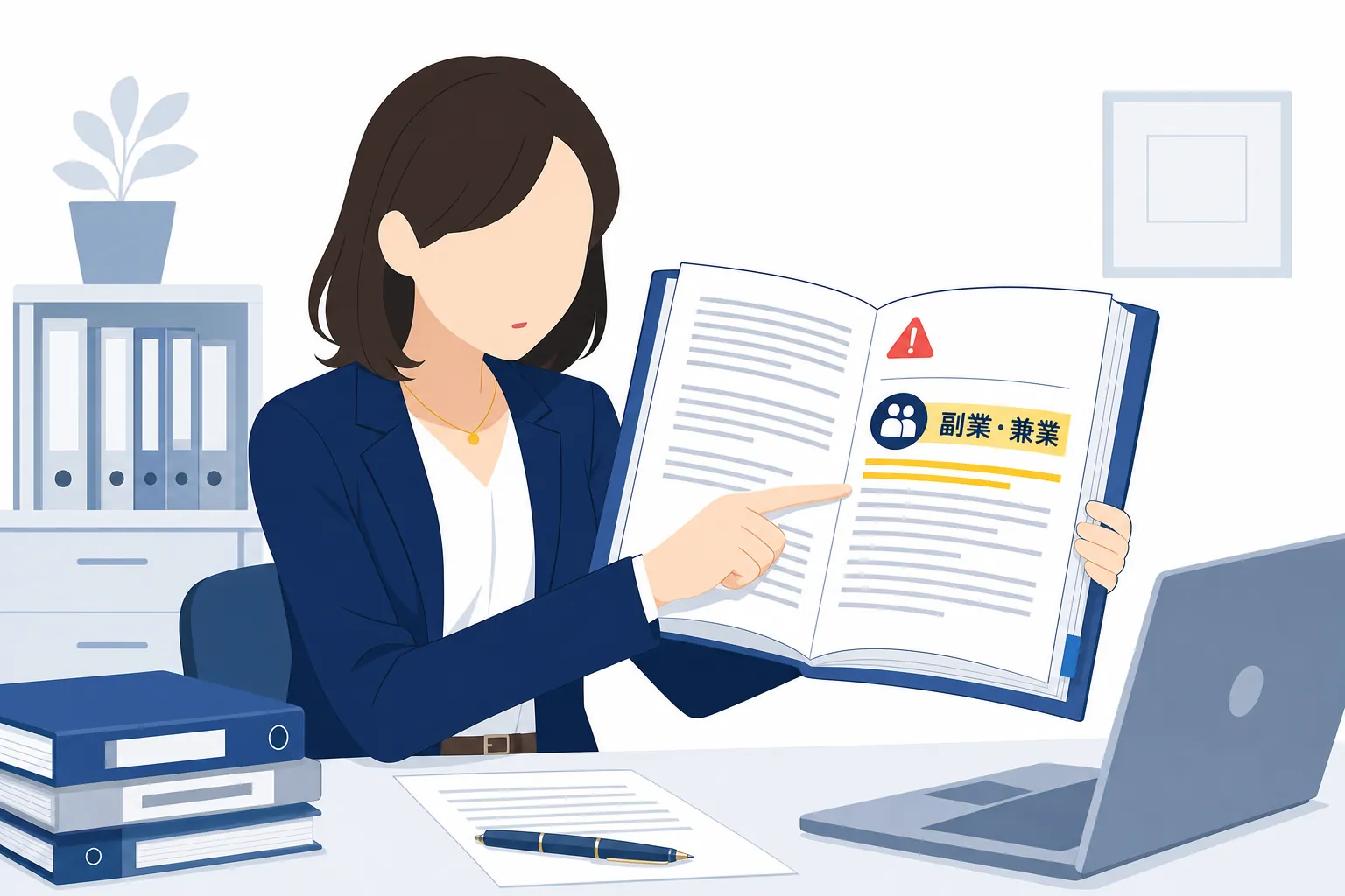 会社の就業規則のファイルを開いて、副業の項目を確認する会社員の女性