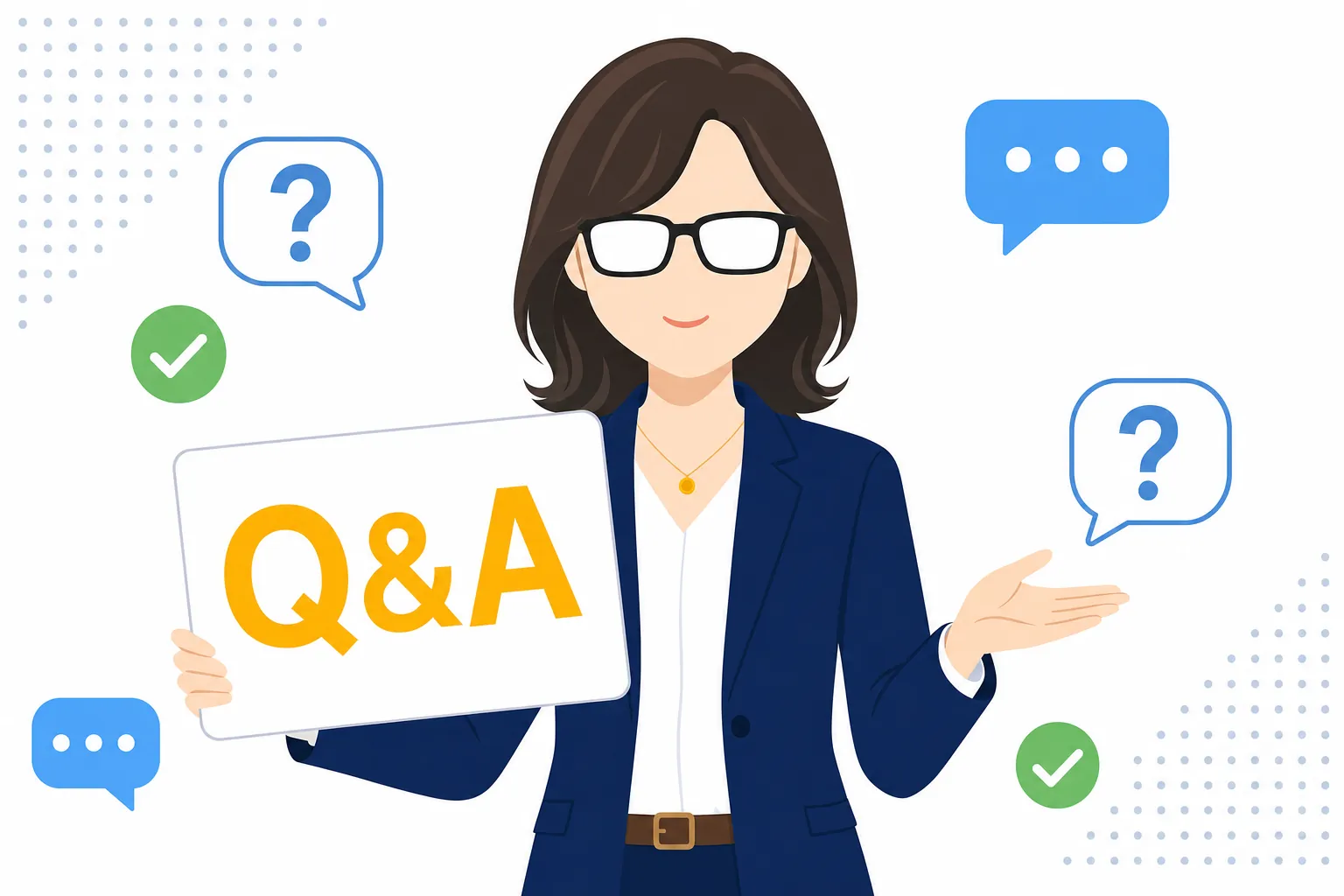 「Q&A」と書かれたカードを手に、にこやかに説明する女性講師