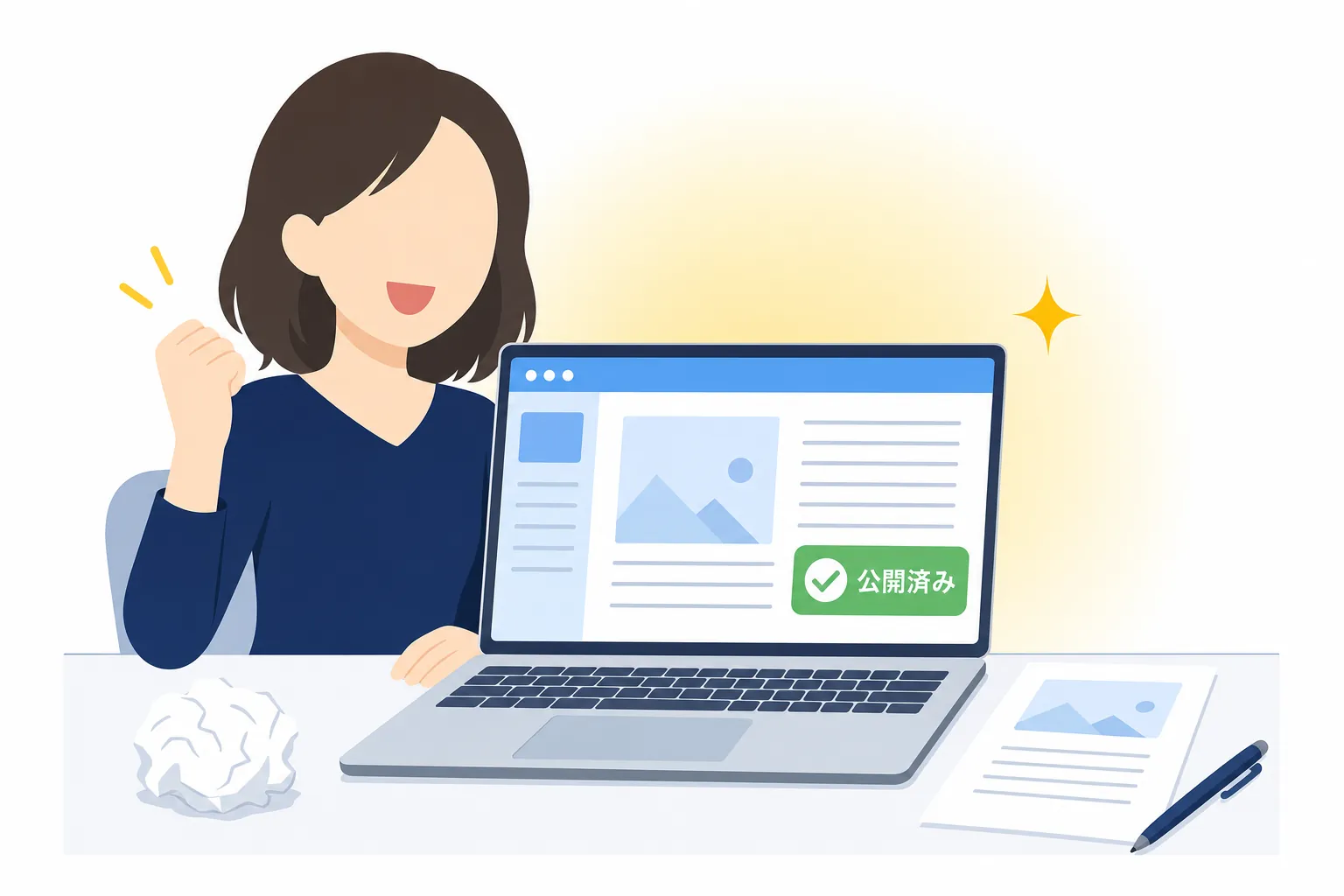 迷っていた女性が、1本目の記事を書き上げて小さくガッツポーズをしている様子