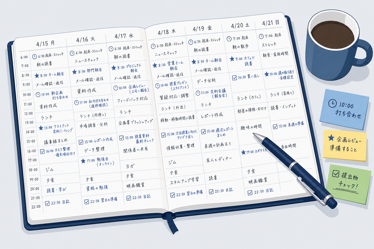 日々のスケジュール帳にびっしり書き込みがある机のクローズアップ