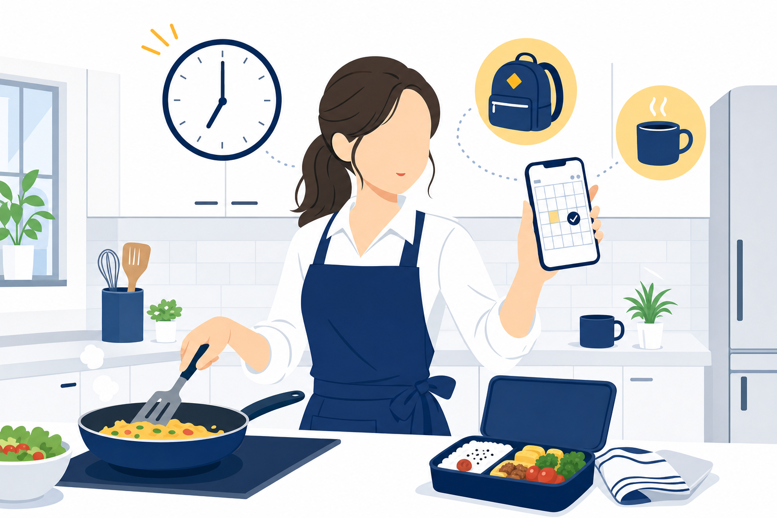 朝の忙しいキッチンで複数のタスクを同時にこなす女性のイラスト