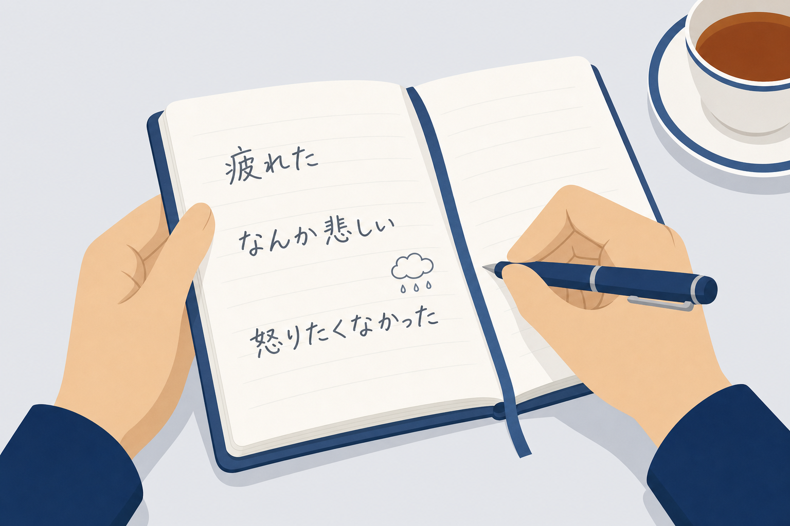 メモ帳に感情を書き出している手元のクローズアップ。シンプルな言葉がいくつか書かれている