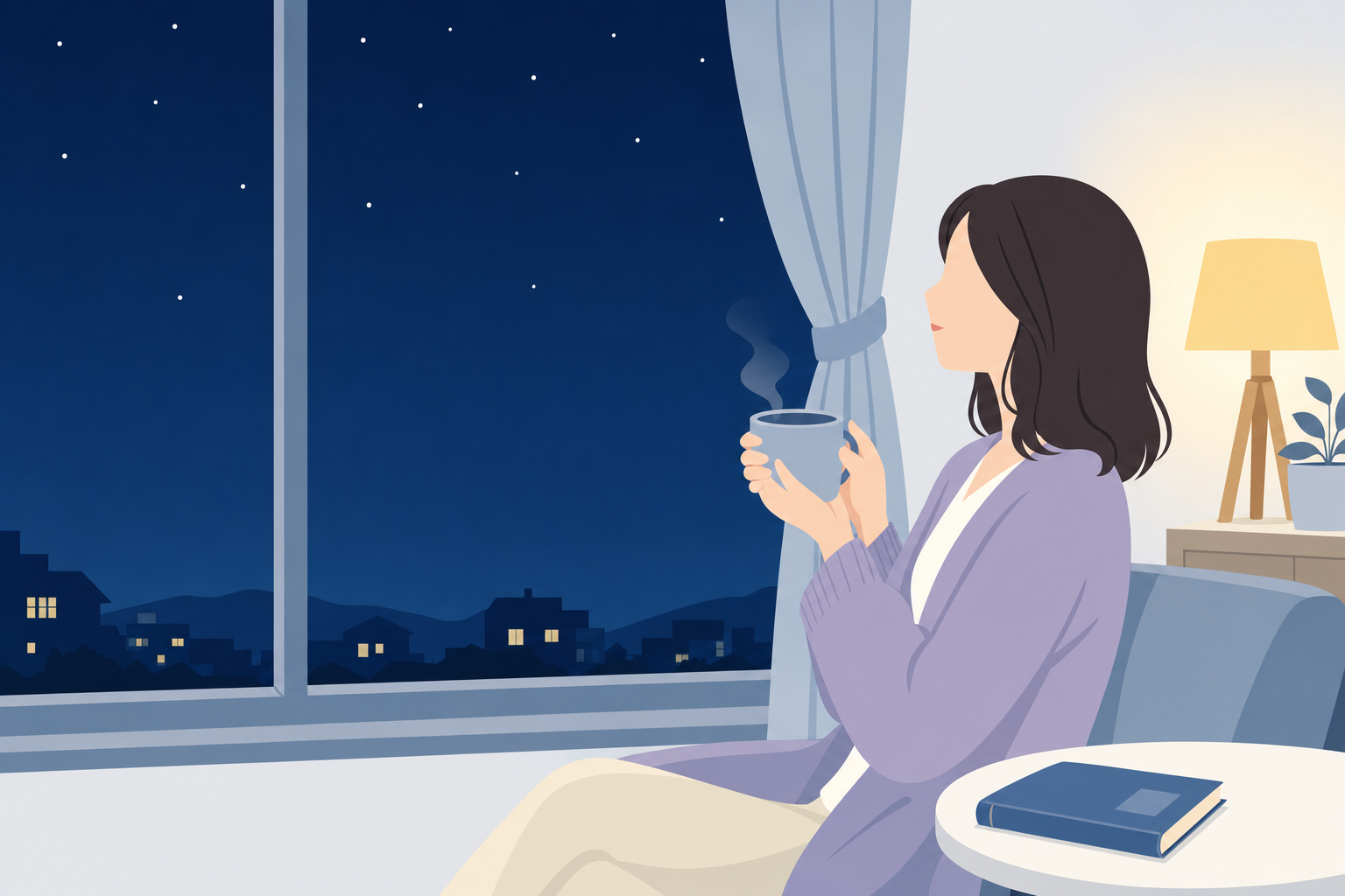 夜のひとり時間を楽しむ女性。お茶を飲みながら窓の外を眺めるシーン