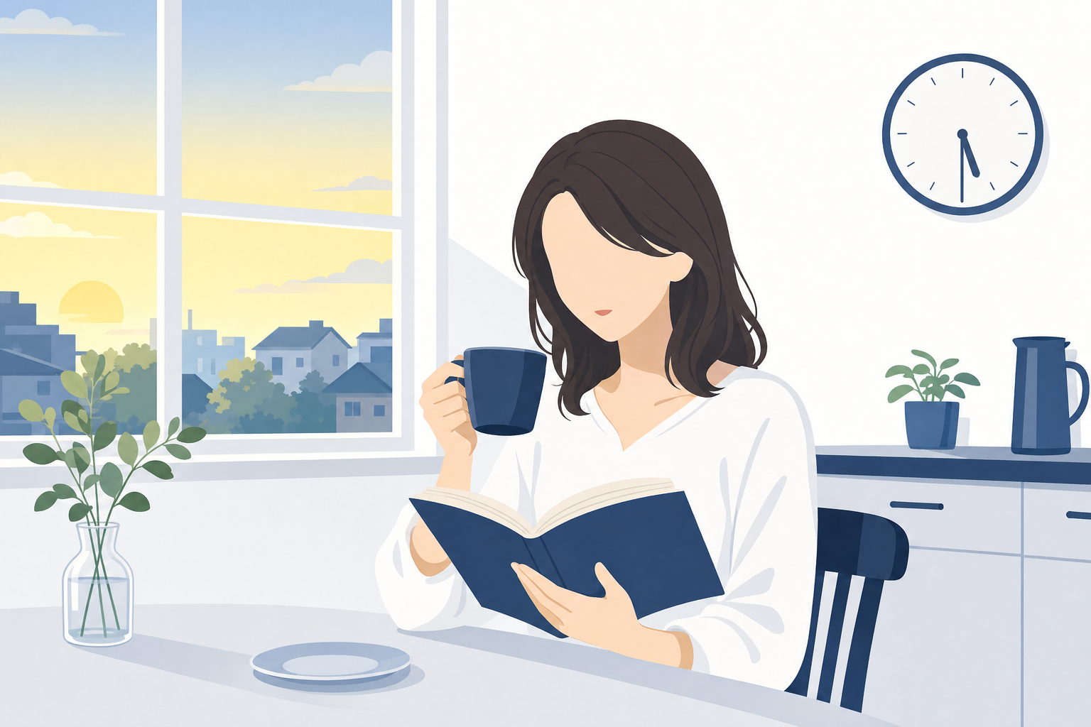 朝のまだ静かな時間にコーヒーを飲みながら読書する女性。誰もいない穏やかなシーン