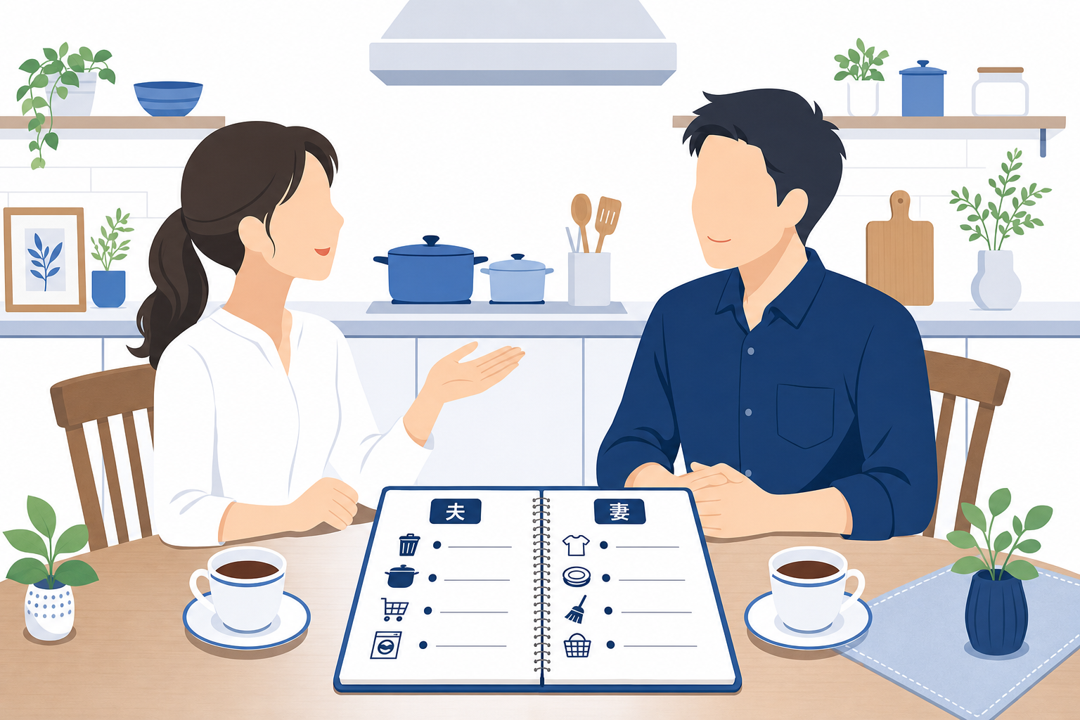 夫婦が穏やかに家事の分担について話し合っているシーンのイラスト