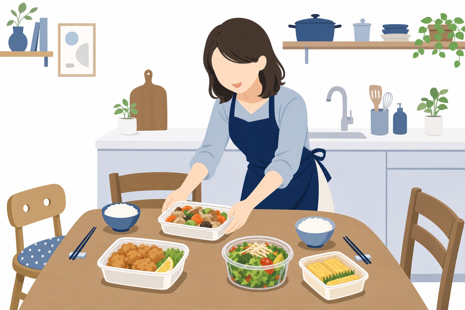お惣菜を笑顔で並べている食卓のシーン。ナチュラルで温かみのある雰囲気