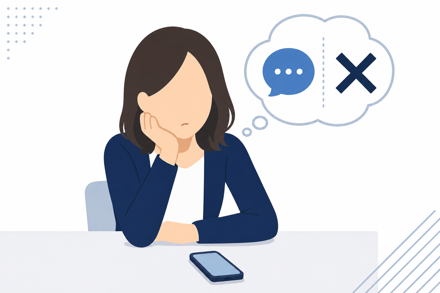話しかけたいけど躊躇している女性のイメージ。電話を前にして考え込むシーン