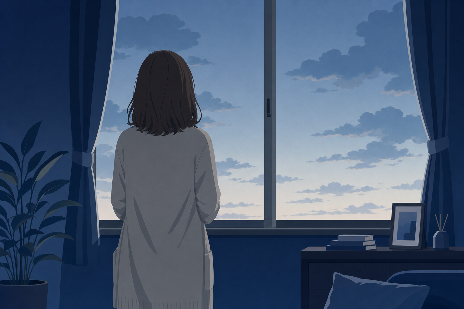 複雑な感情を抱えて窓の外を見ている女性の後ろ姿。静かで落ち着いたトーン