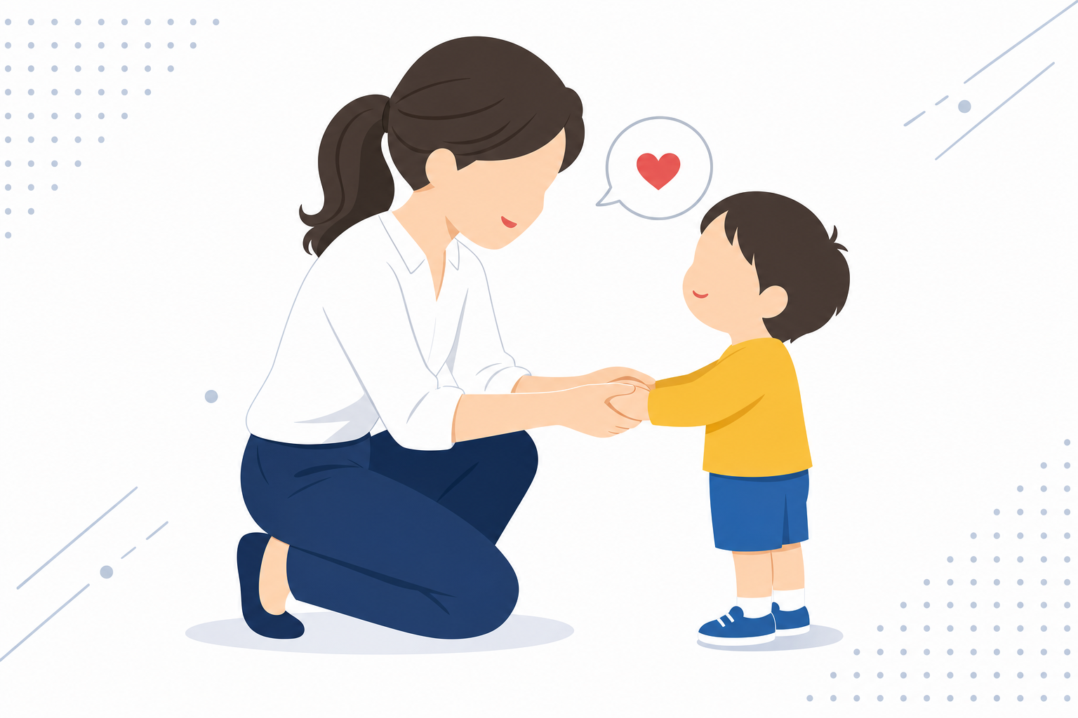 子どもに謝っている母親のやわらかいイラスト。温かいタッチで後悔ではなく再出発のイメージ
