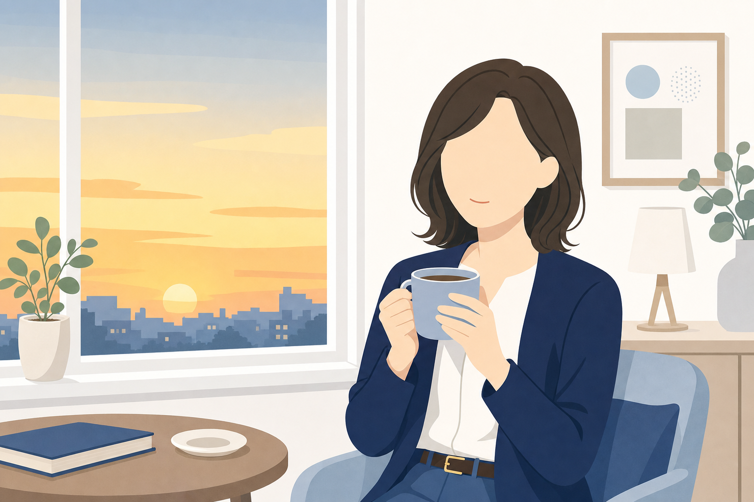 夕暮れの窓際でほっとした表情でお茶を飲む女性。柔らかい光の中のシーン
