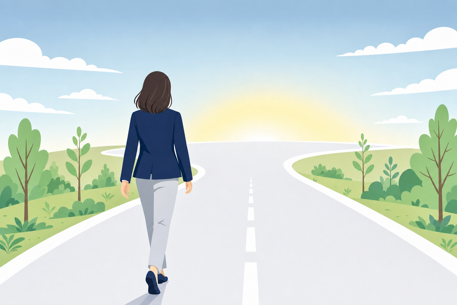 未来に向かって穏やかに歩き始める女性の後ろ姿。明るく開けた道のシーン