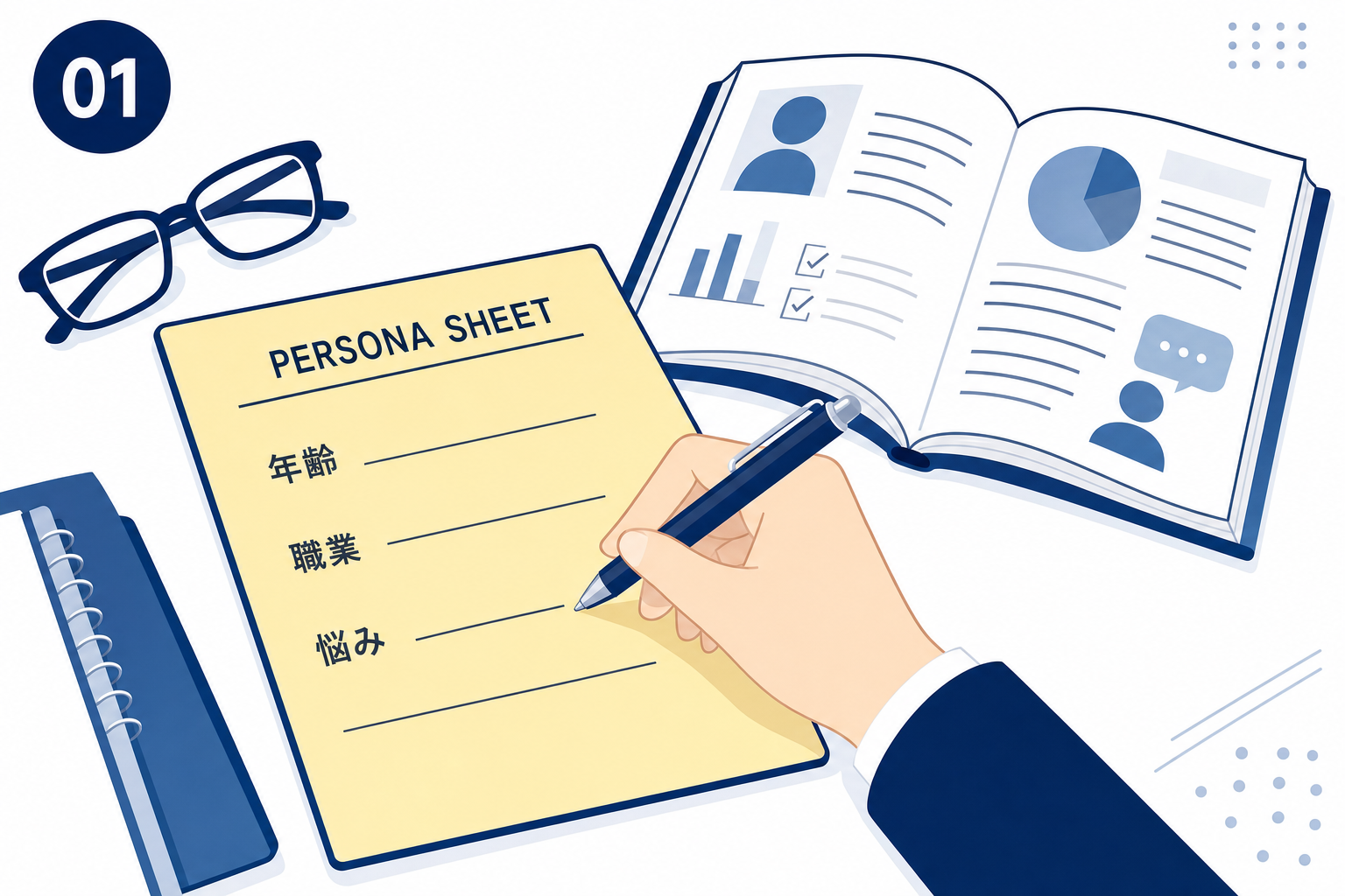 マーケティング本を広げてペルソナシートに書き込む手元