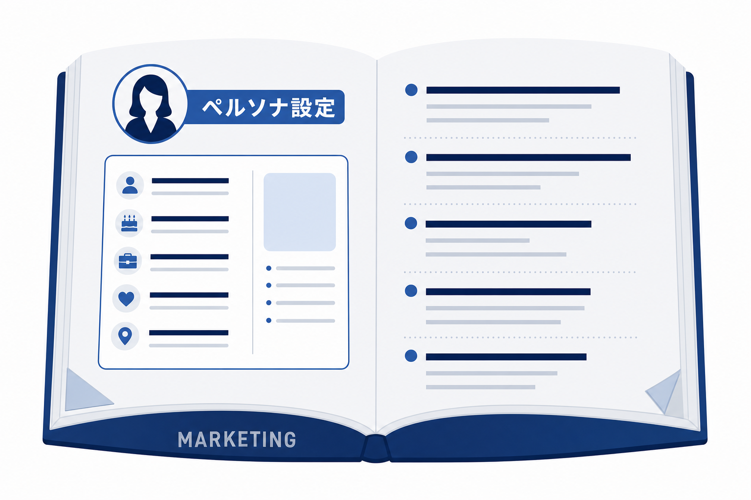 マーケティング本の「ペルソナ設定」ページを開いた場面