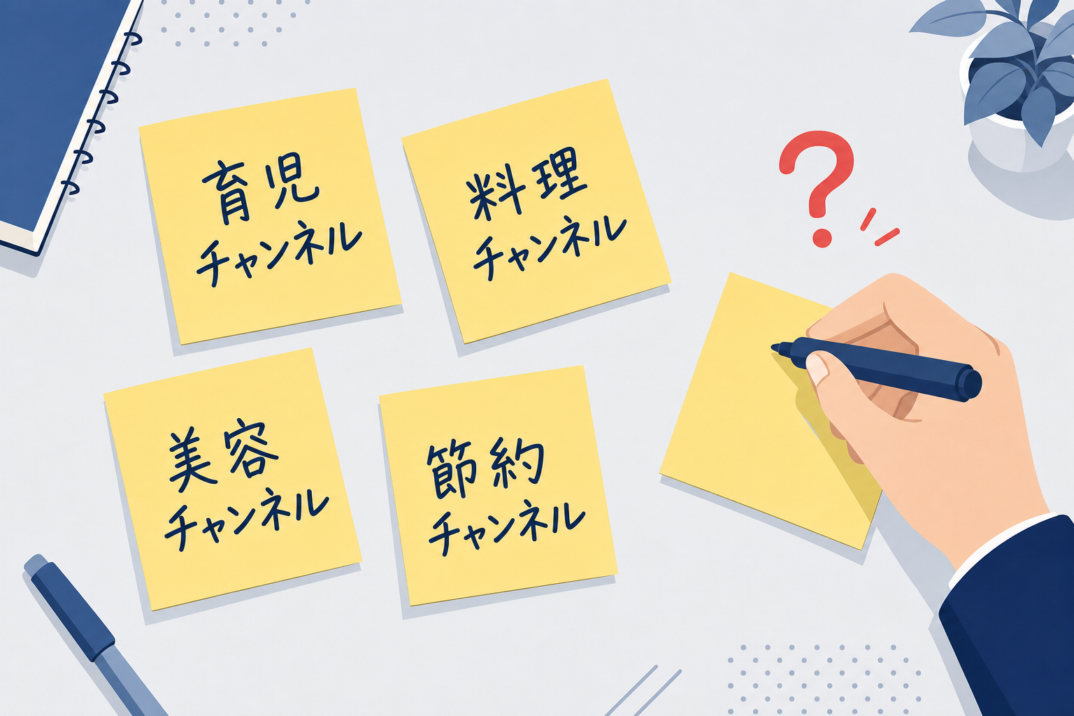 「育児チャンネル」「料理チャンネル」などの候補を付箋に書き出している手元