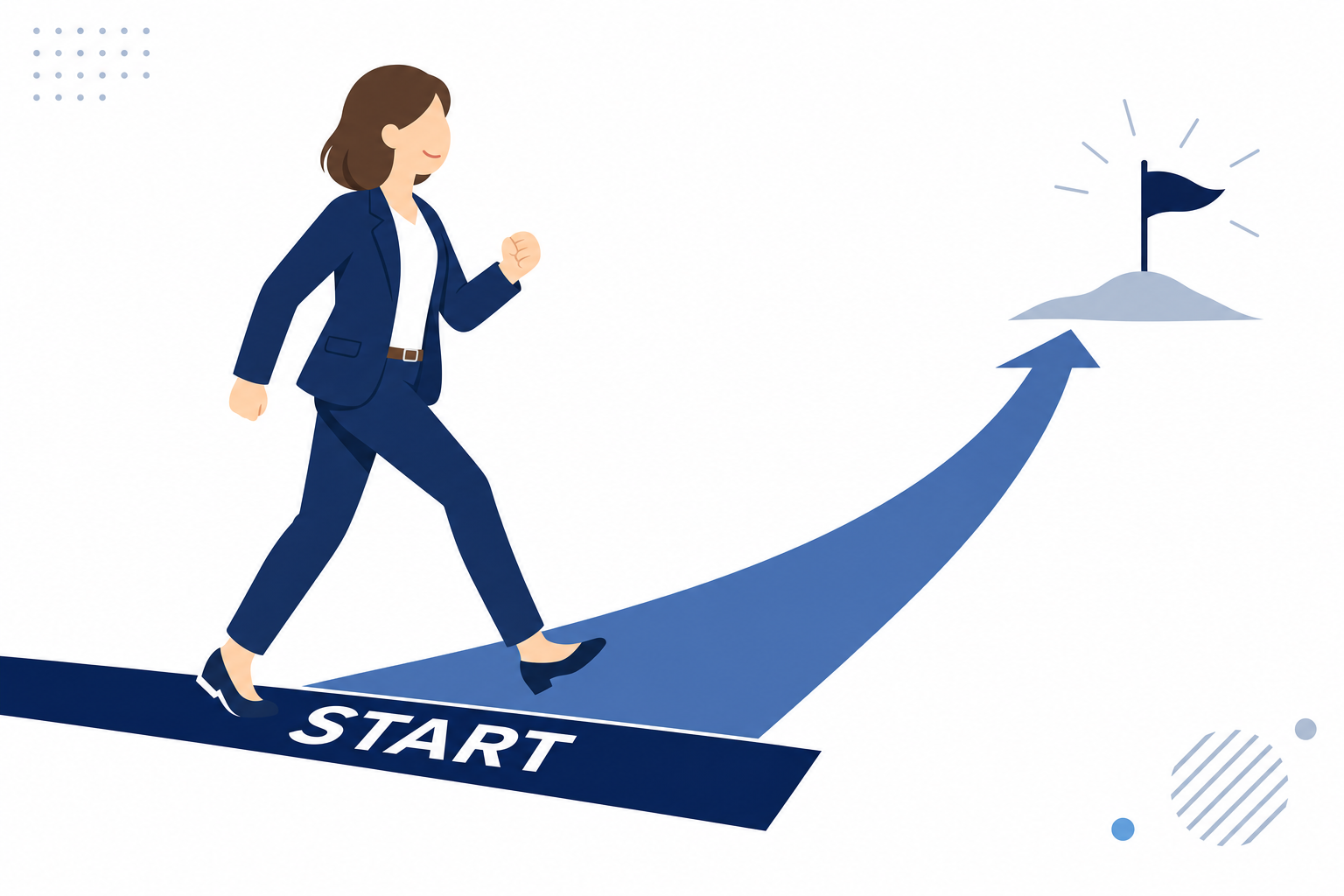 「FIRST STEP」と書かれたスタートラインに足を踏み出すシーン
