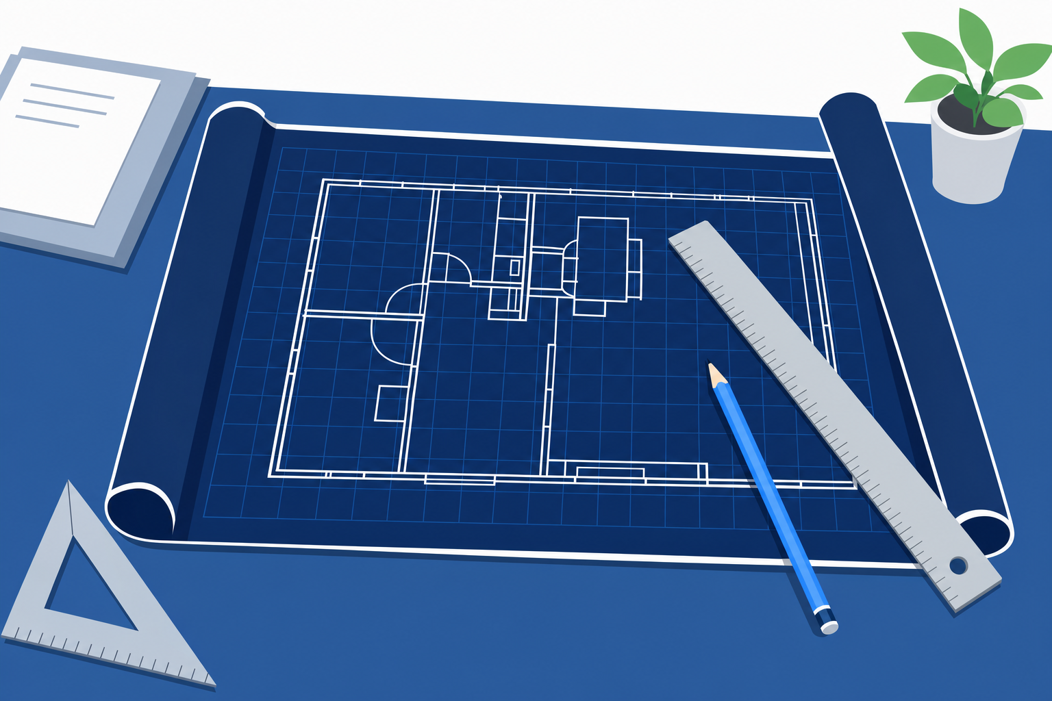 建物の設計図を広げて確認している場面のイメージ