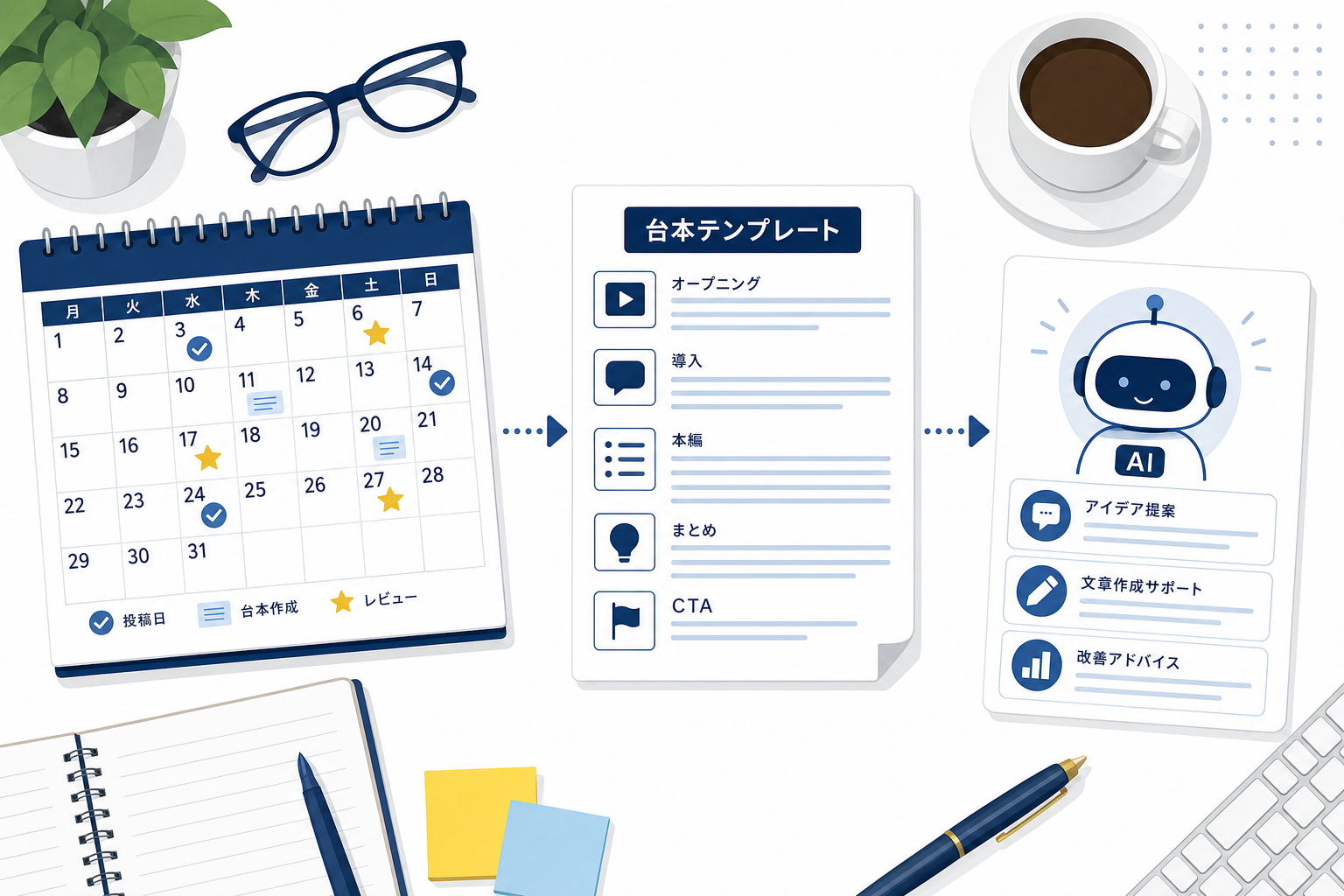 カレンダーと台本テンプレートとAIアシスタントが並んでいるデスク上のフラットレイ