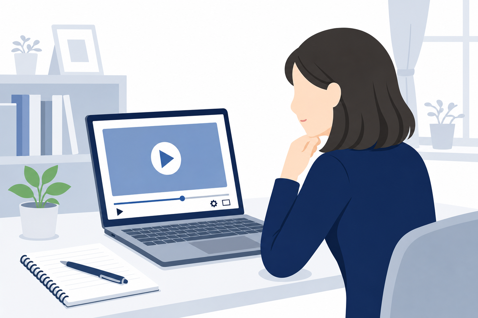 オンラインスクールの学習画面のイメージ、受講生がパソコンで動画を見ているシーン