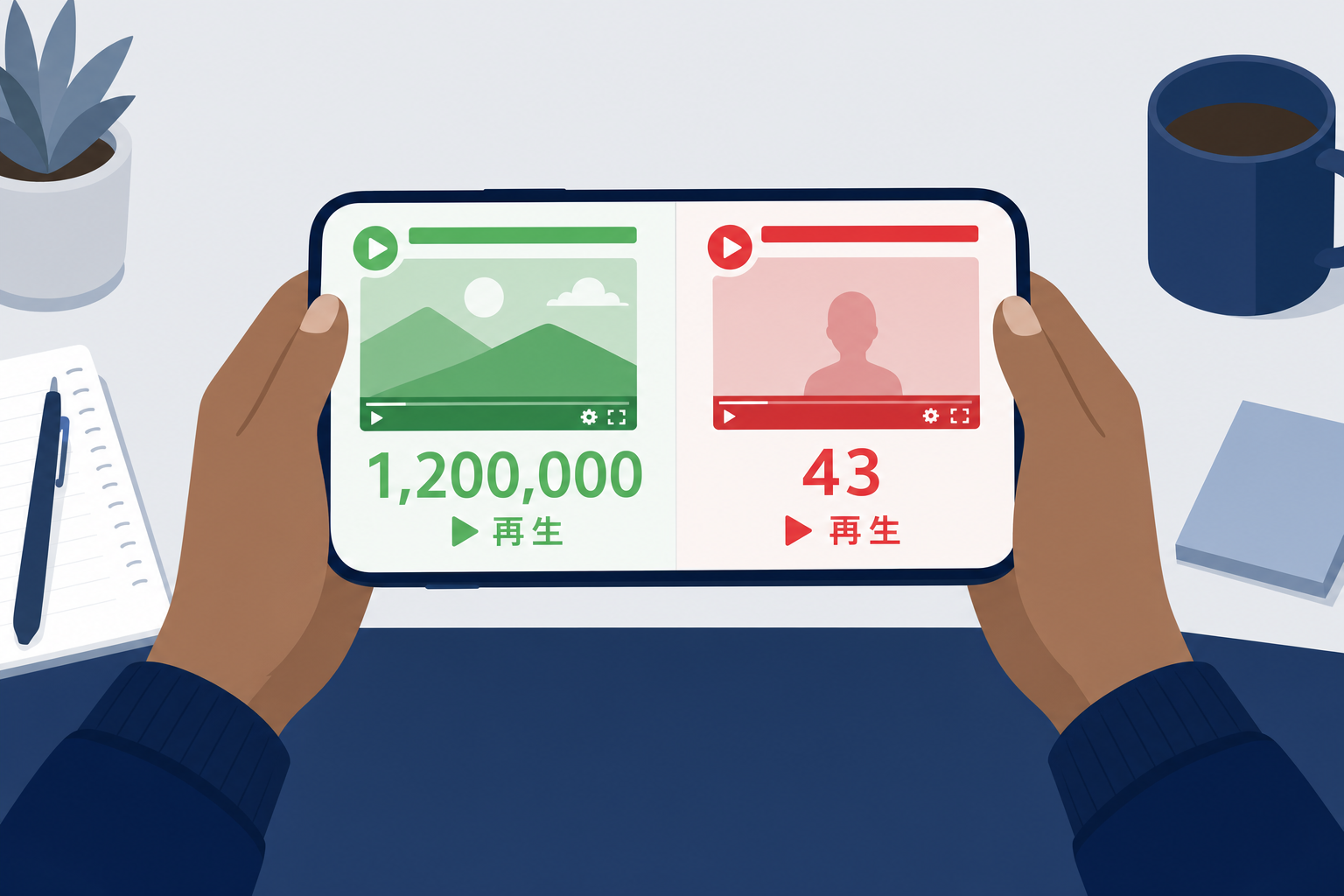スマートフォンに表示された他チャンネルの再生数と自分のチャンネルを見比べて落ち込む人の手元