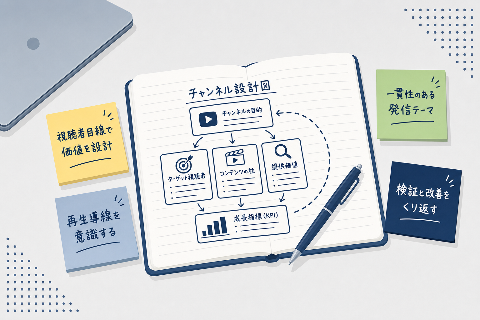 YouTubeの設計図を描くような、ノートと付箋が散らばったデスクのイメージ
