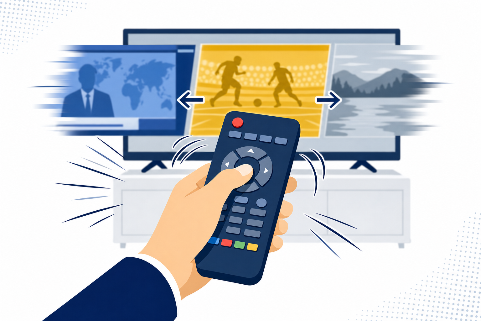 テレビのリモコンでチャンネルを素早くザッピングする手のイメージ