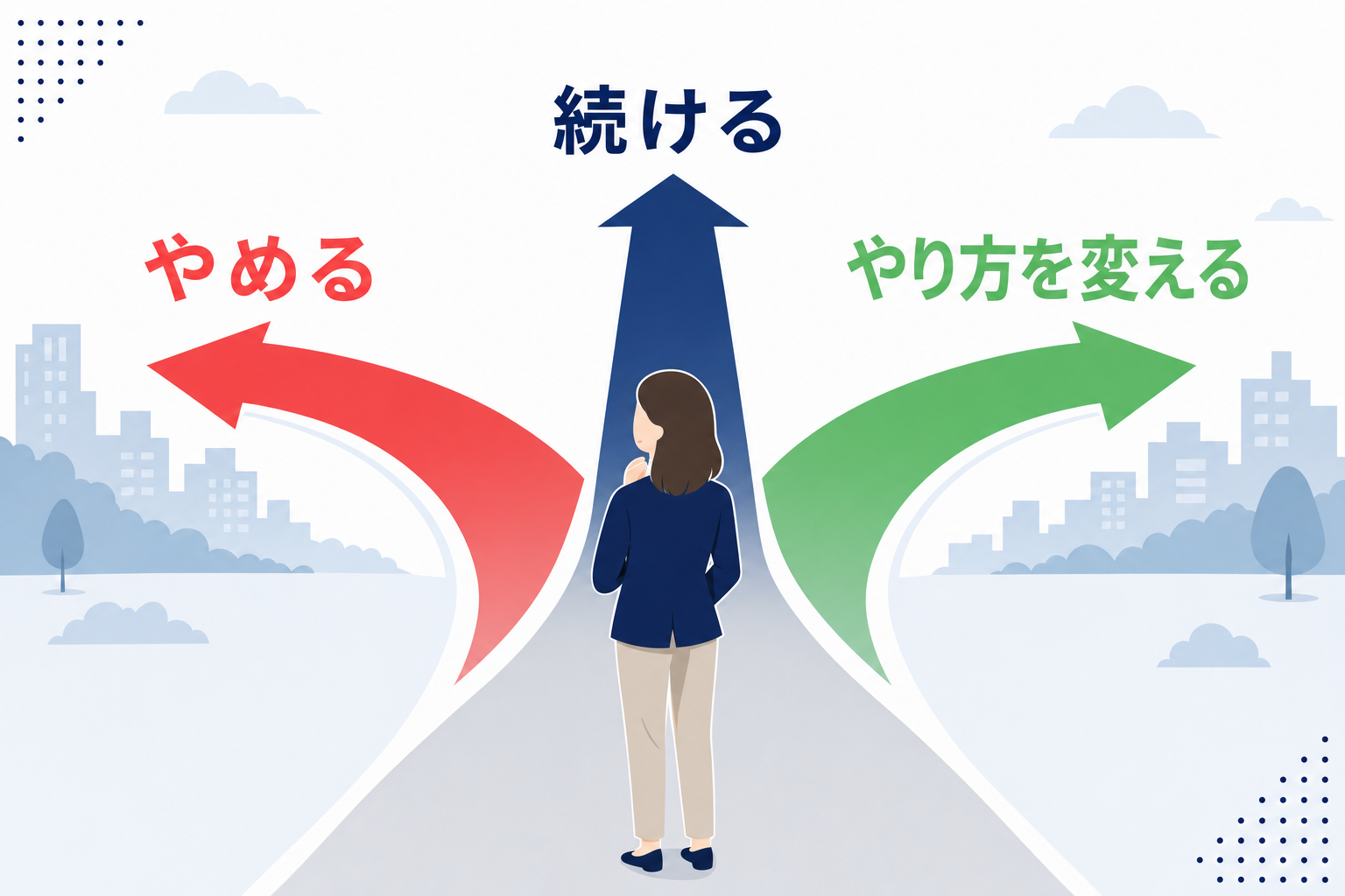 分岐路に立っている人のシルエット。「続ける」「やめる」「やり方を変える」の3方向に矢印が出ているイラスト