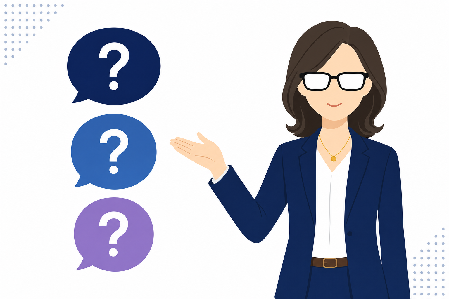 FAQのイメージ。吹き出しと「？」マークが並ぶイラスト