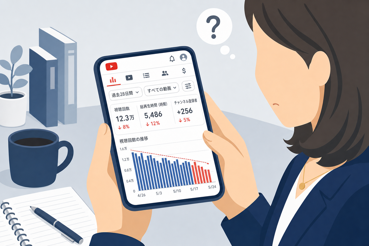 スマホを手に持ち、YouTubeのアナリティクス画面を見つめて考え込む女性の手元