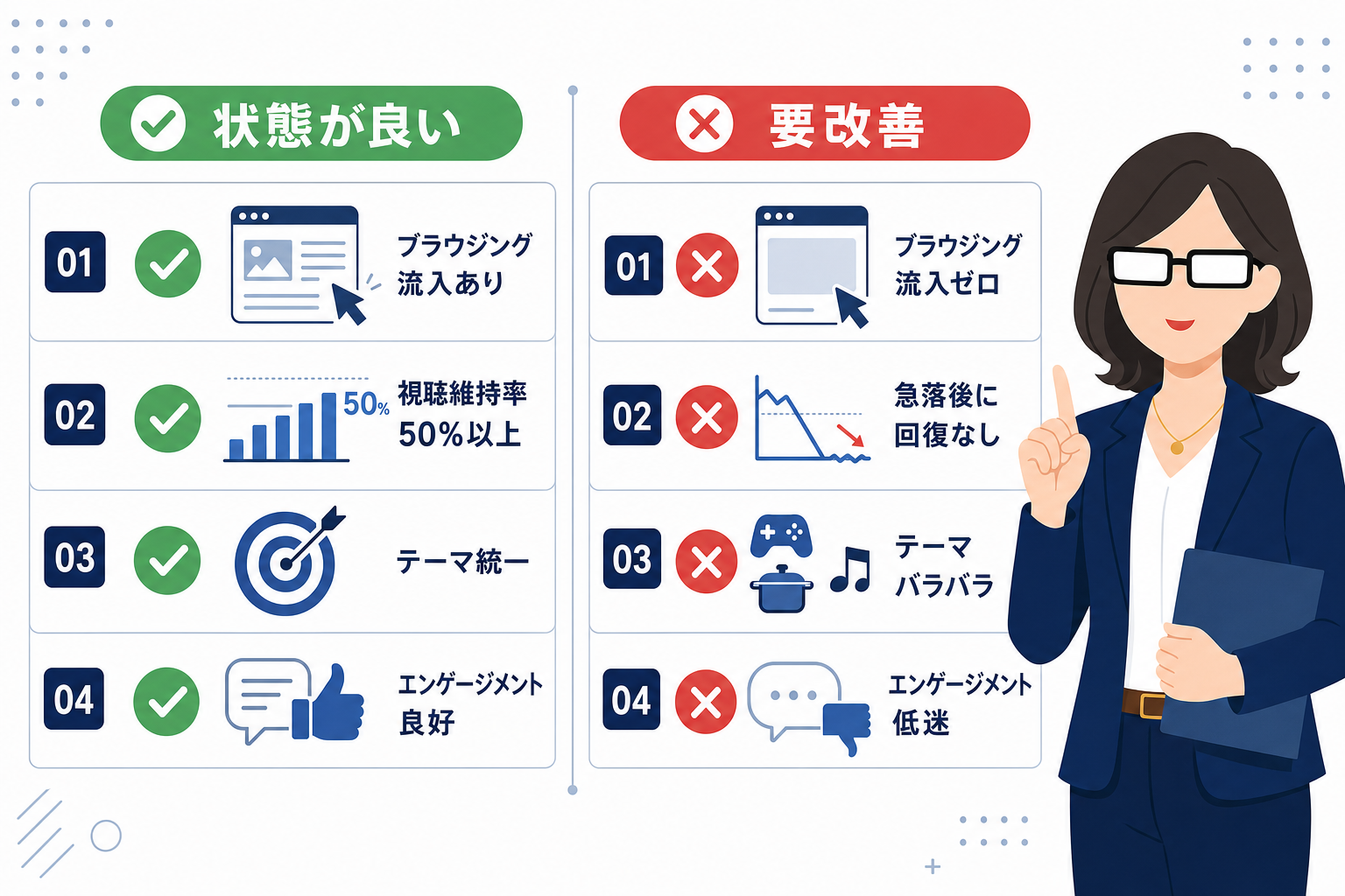 チャンネルの「状態が良い・悪い」を判断する指標の一覧を示したインフォグラフィック