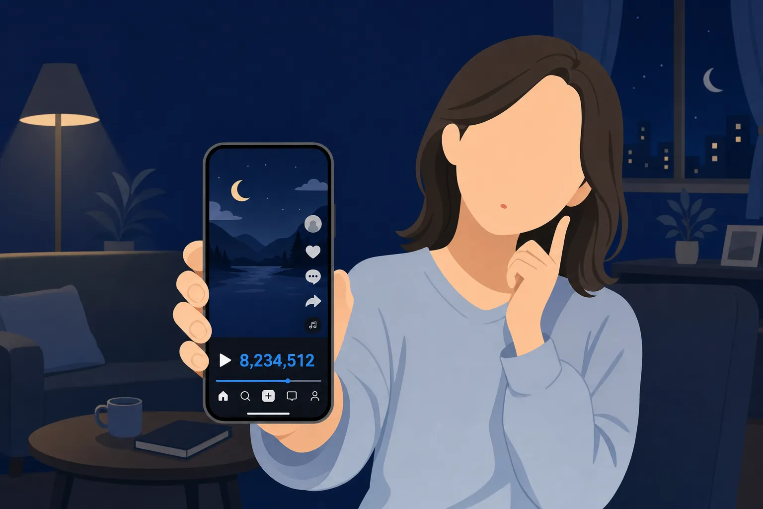 夜のリビングでスマホのYouTubeショート画面を見ながら、再生回数の数字に首をかしげる30代女性の手元