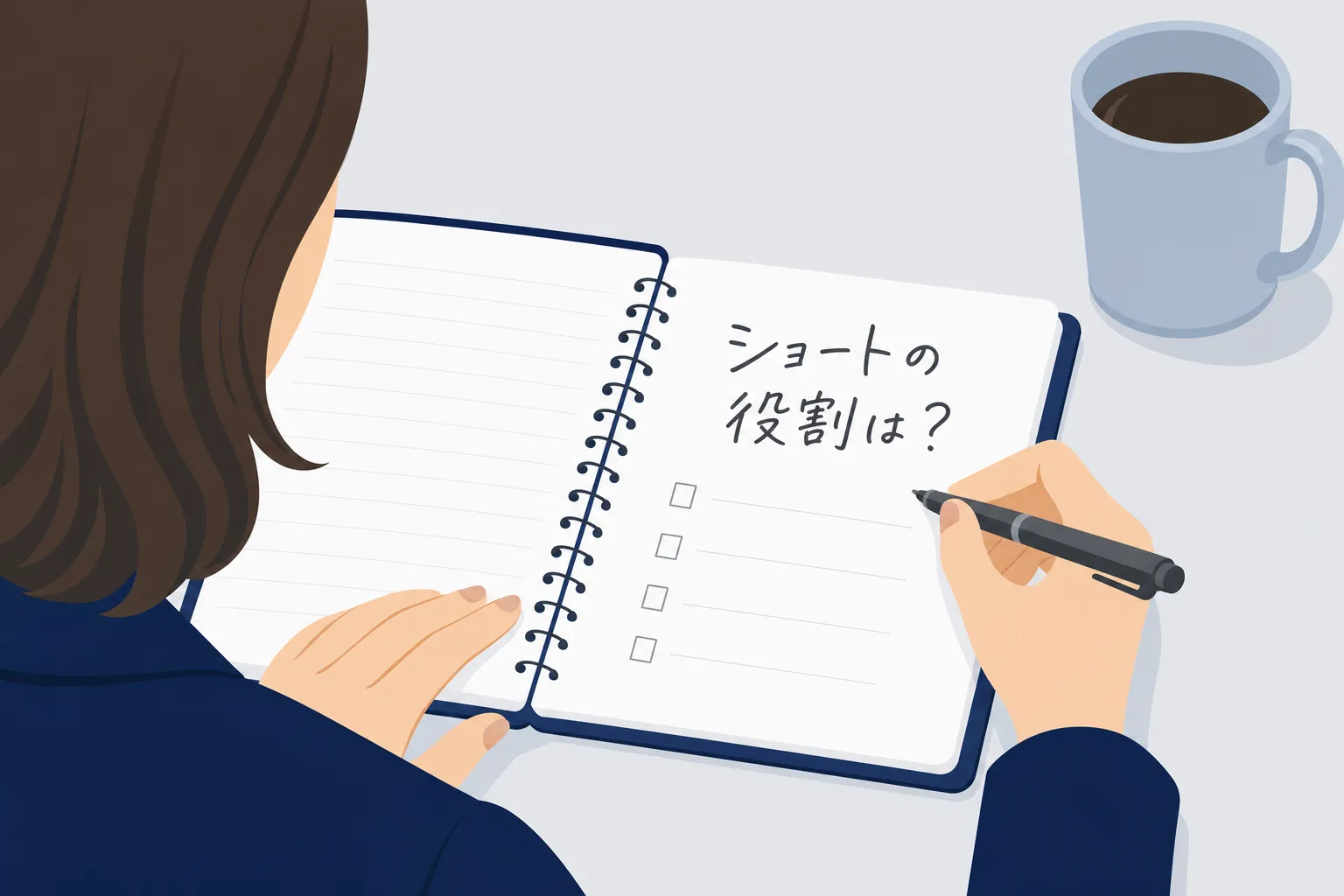 ノートに「ショートの役割は？」と書き込みながら考える女性の手元