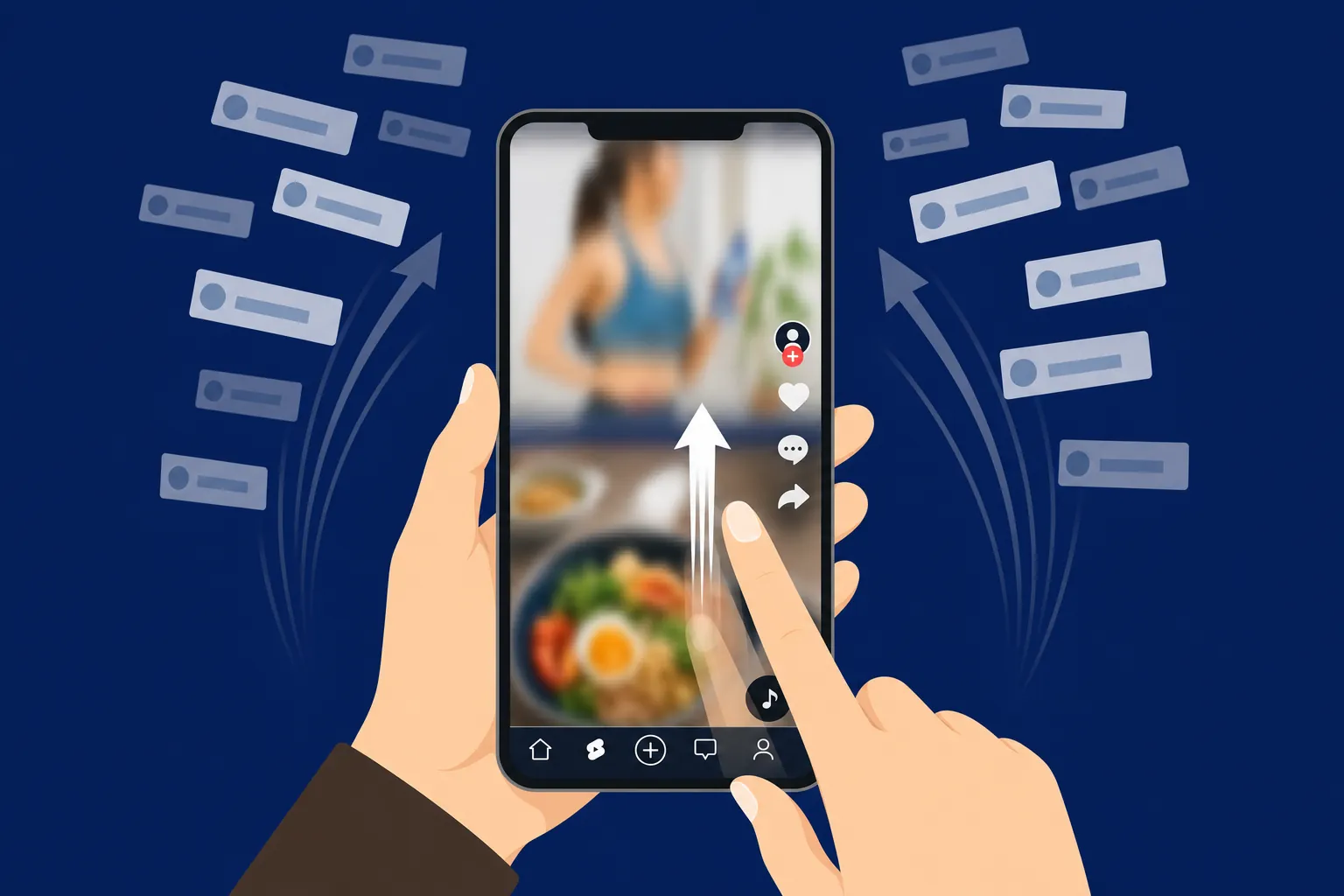 スマホで次々とショートをスワイプする指と、流れていくチャンネル名のイメージ