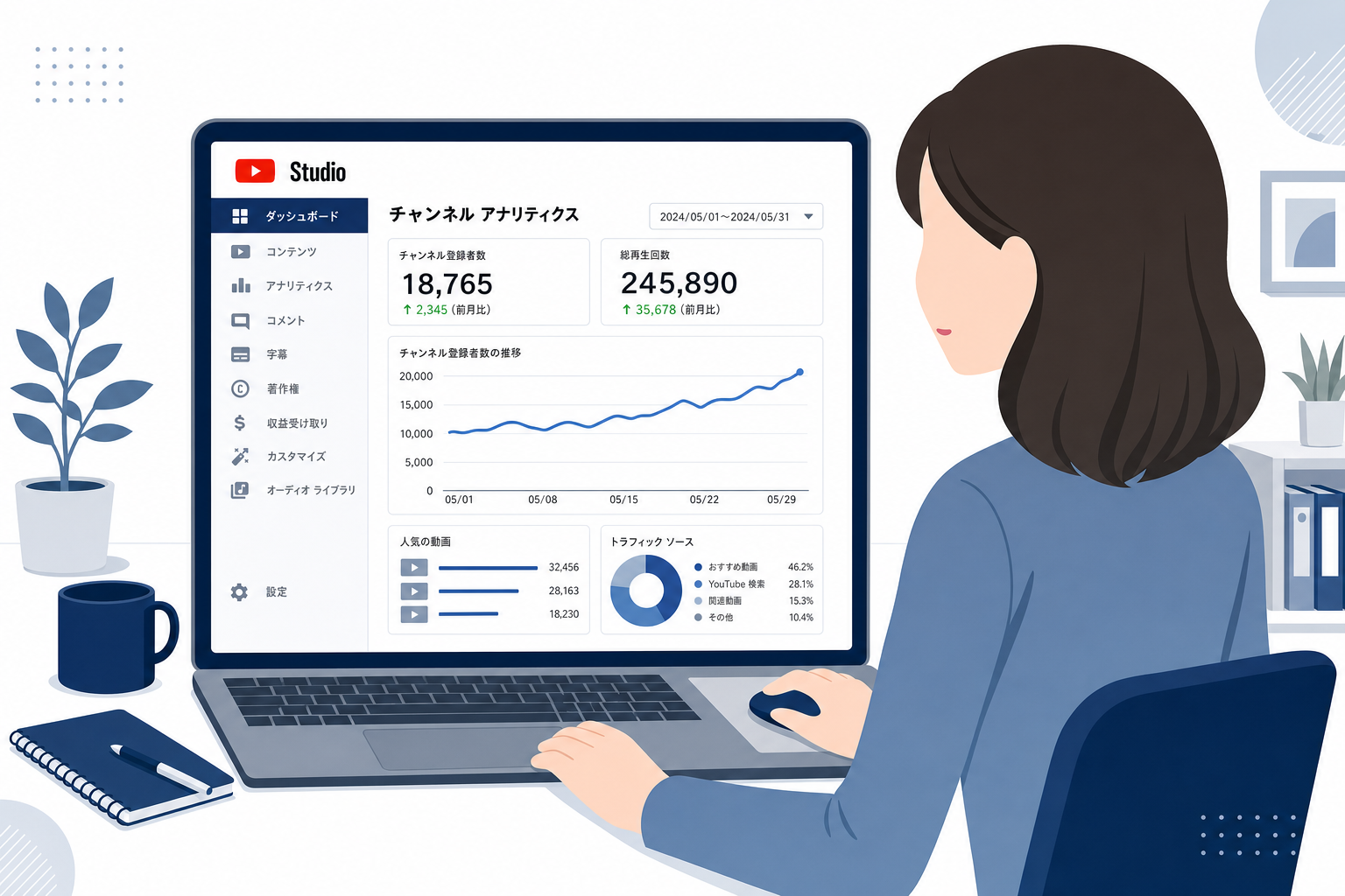 パソコン画面に表示されたYouTubeアナリティクスのダッシュボード
